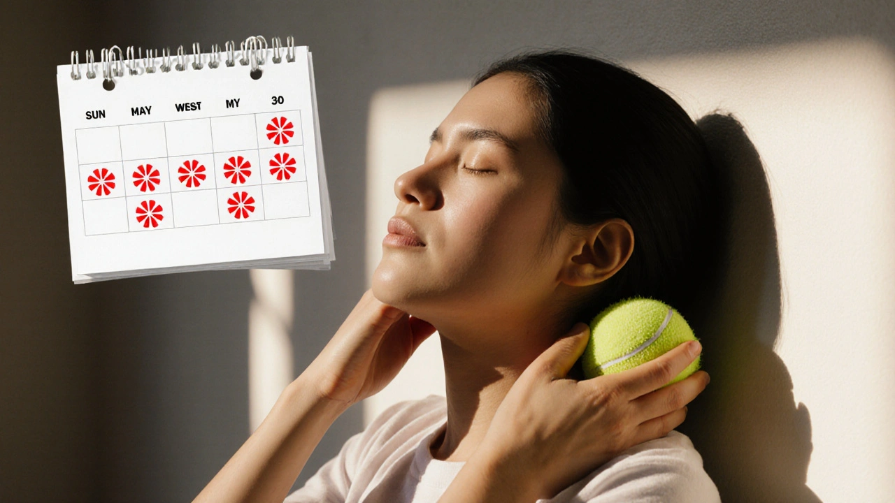 Osoba si doma uvolňuje čelist a mezi lopatkami pomocí míčku v klidném prostředí.