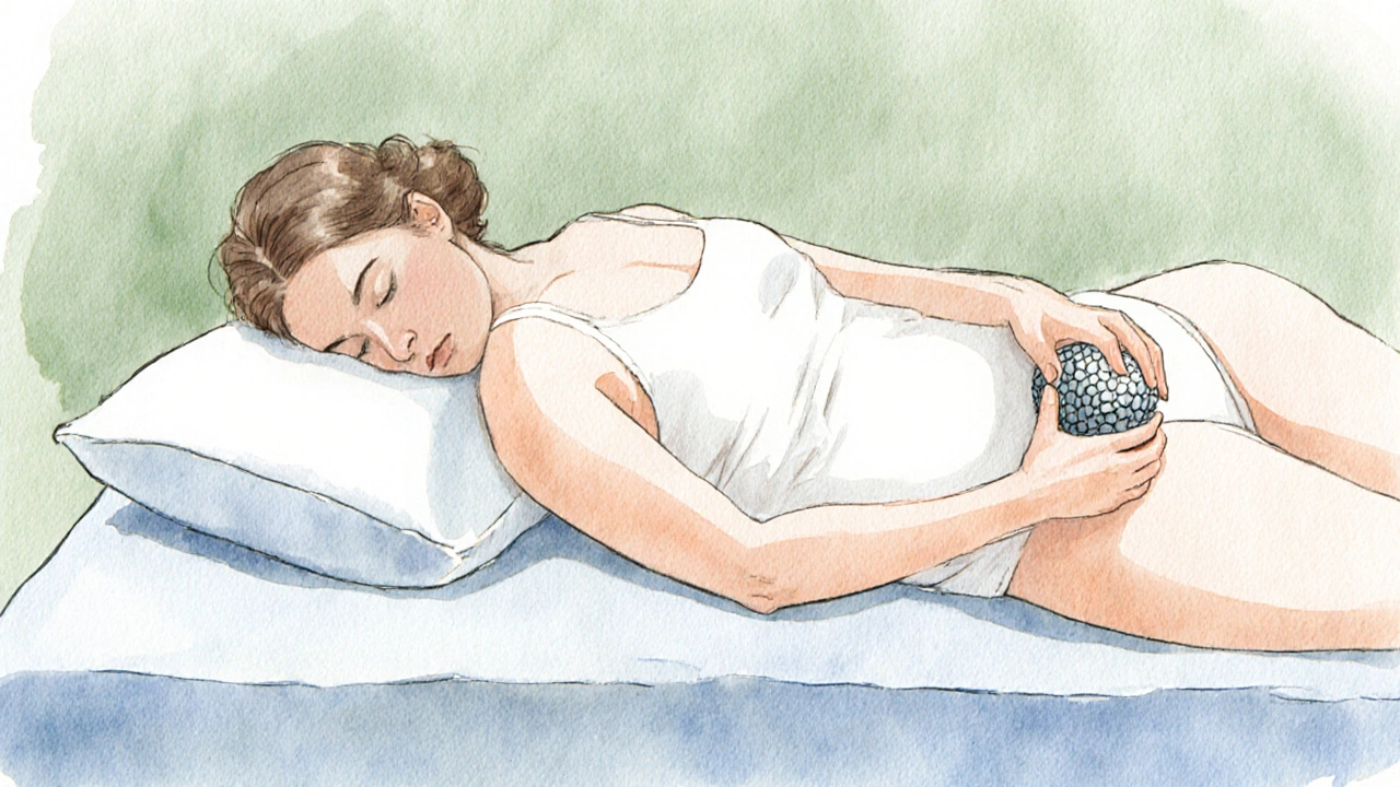 Těhotná žena používá masážní míček podél páteře, leží na boku s podložkami.