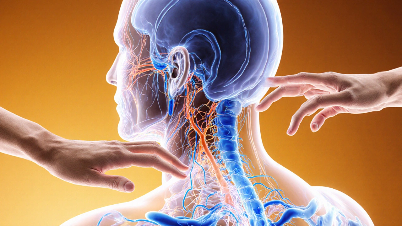 Translukentní ilustrace nervů a krevních cév spojujících záda a čelist s hlavou.
