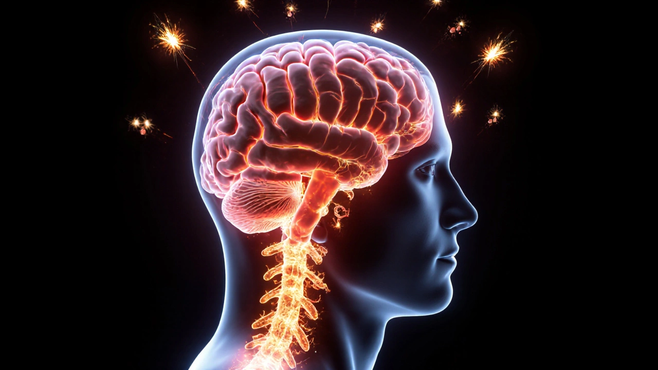 Koncepční obrázek ukazující teplo z kamenů uklidňující mozek a snižující stres.