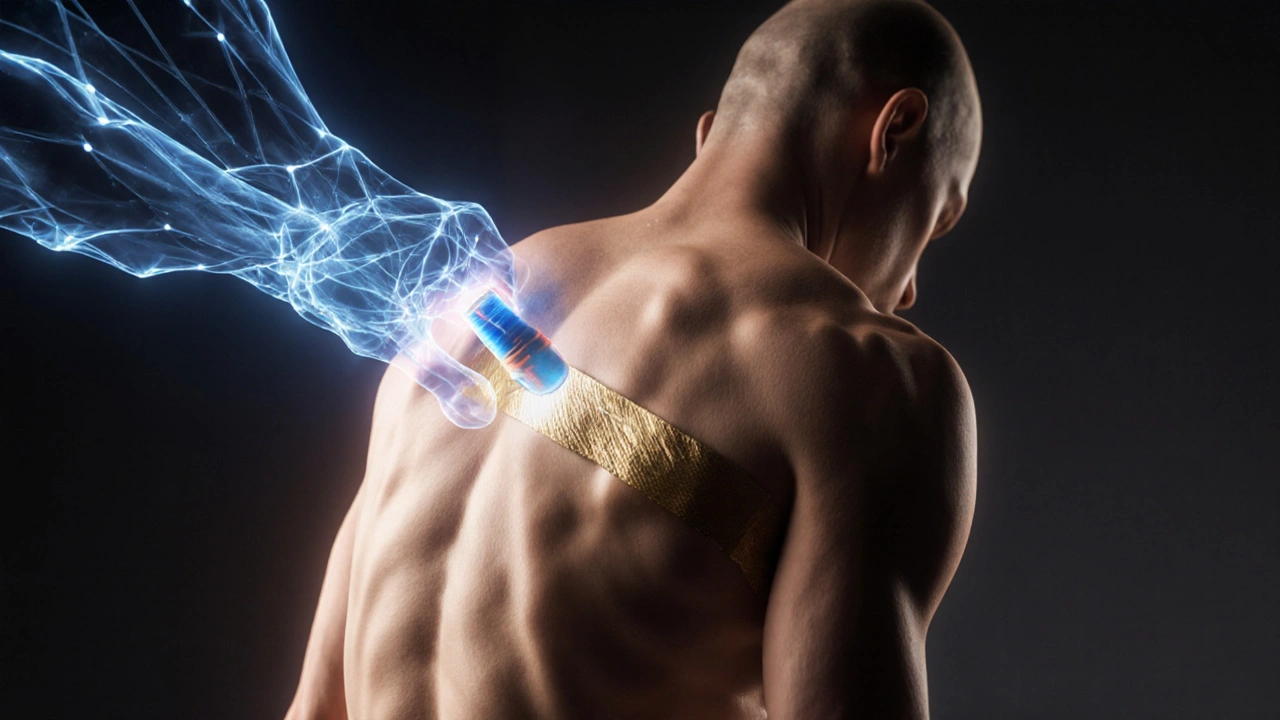 Koncepční znázornění kinesiologického tejpování jako jemné podpory kůže nad svaly, symbolizující zlepšení cirkulace a snížení bolesti.