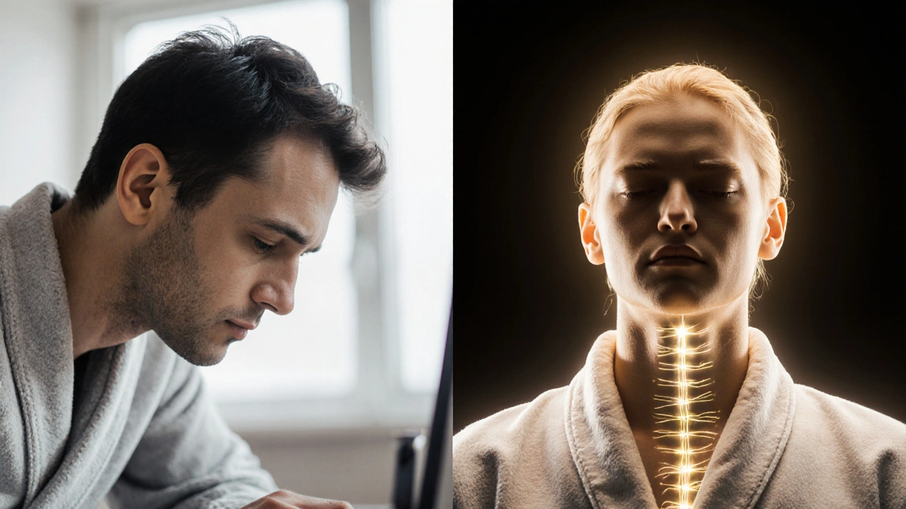 Kontrast mezi napětím před masáží a klidem po ní, symbolizující zlepšení zdraví.