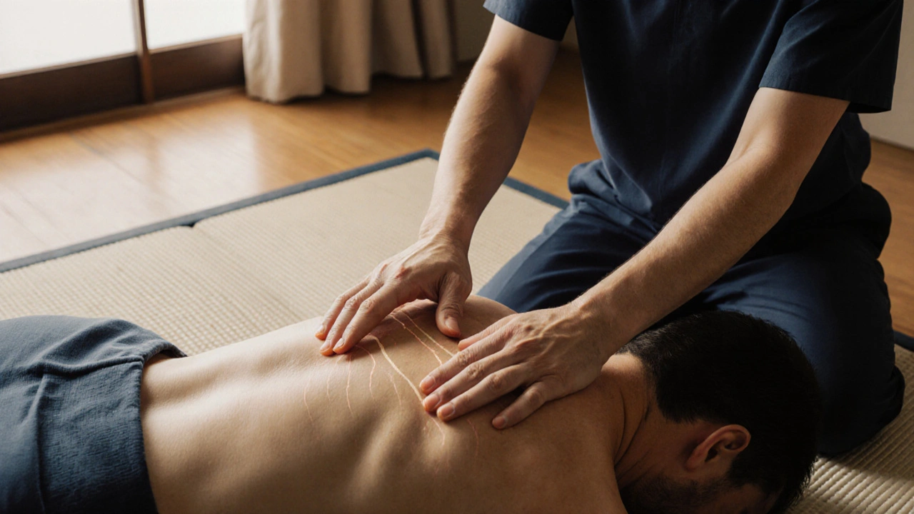 Masér aplikuje tlak na záda klienta podle energetických kanálů v klidném prostředí.