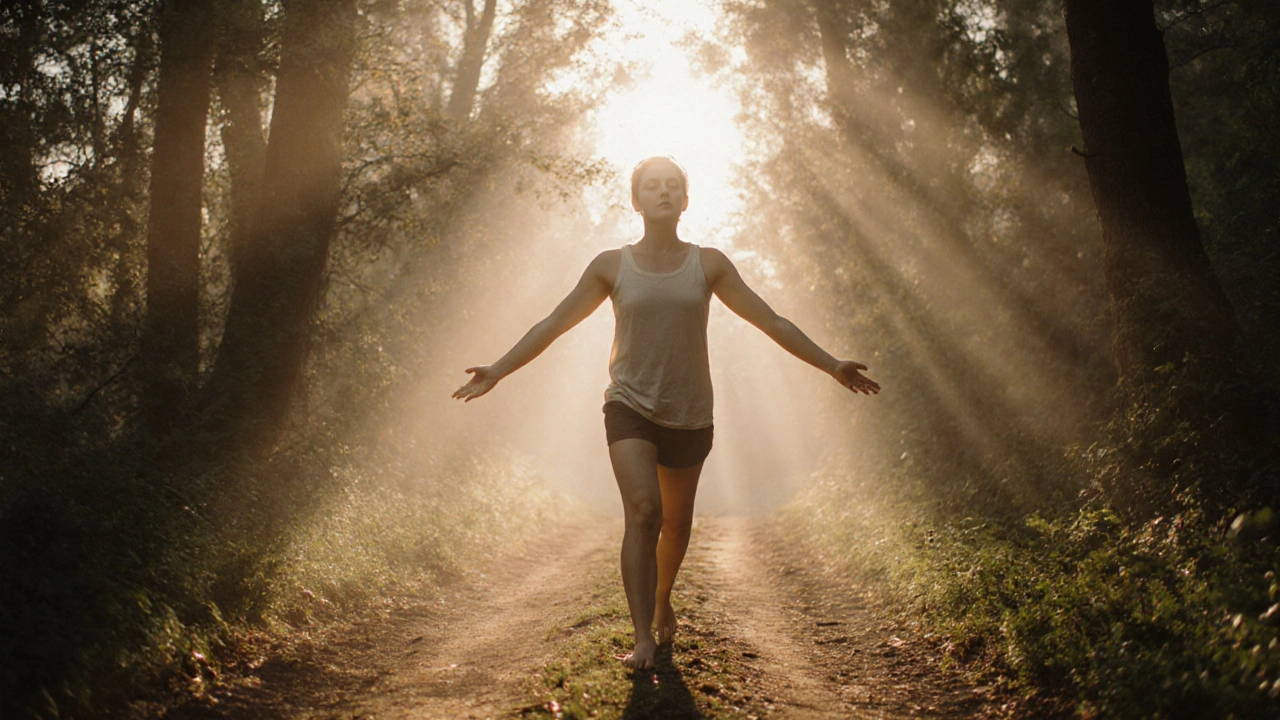Osoba se pomalu prochází lesní cestou po masáži, cítí klid a obnovu.