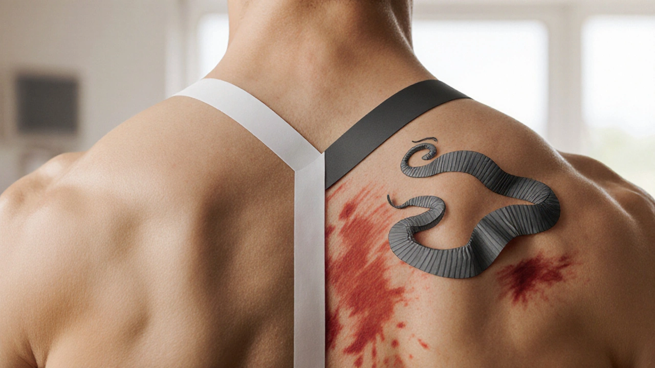 Porovnání správného a špatného tejpování záda: jedna strana s čistým přilepením, druhá s podrážděním a neúměrným natahováním.