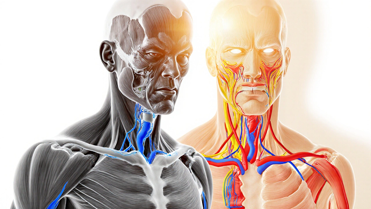Porovnání těla před a po vakuoterapii: stagnace versus zlepšený krevní a lymfatický oběh.