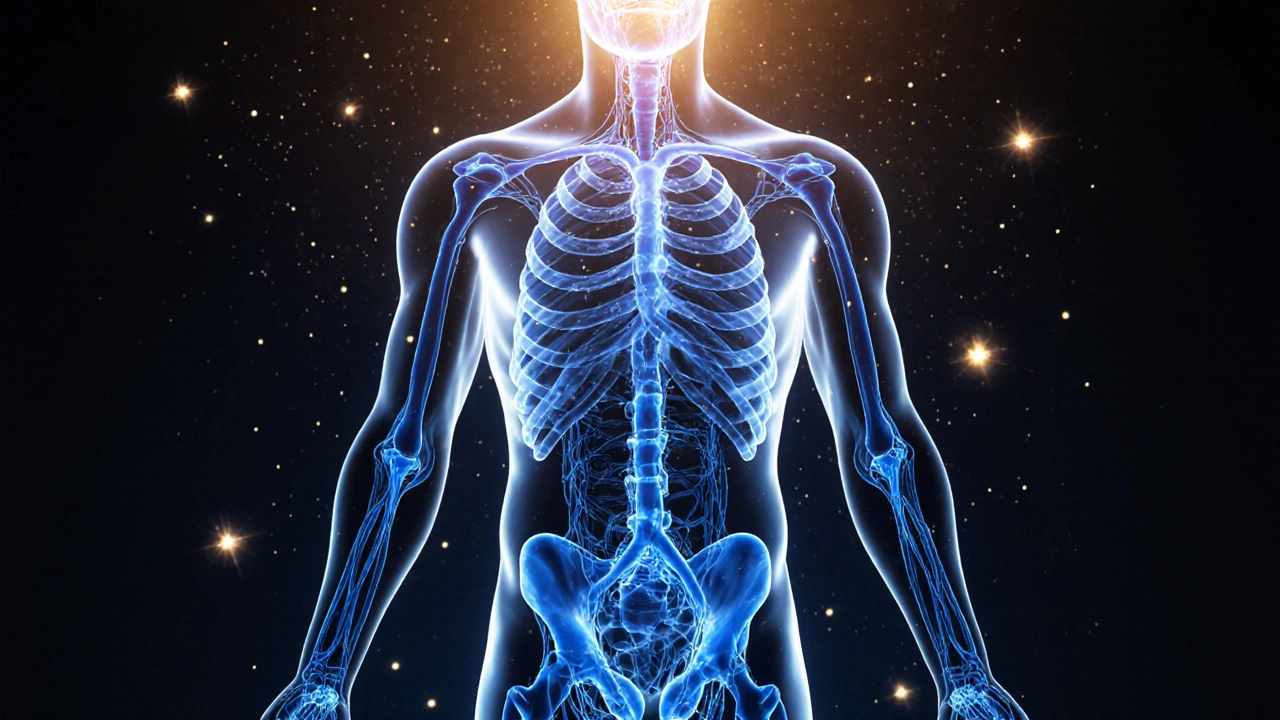 Průhledný obraz lidského těla s proudící lymfou a odpadními částicemi.