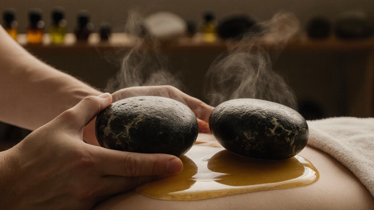 Ruce drží teplé lávové kameny na zádech, kde se jemně odrazuje olej a vzniká jemná pára.