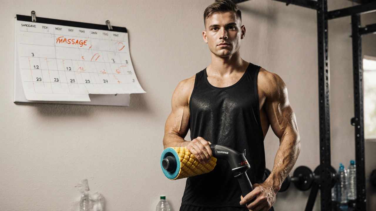 Sportovec s foam rollerem a massage gunem, kalendář s označenými masážemi na zdi, přirozené osvětlení.