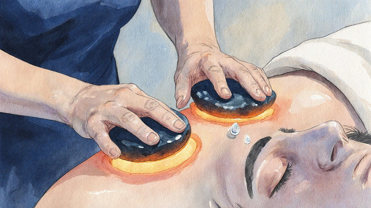 Terapeut používá teplé kameny k masáži ramen a páteře, klient klidně zavřel oči.