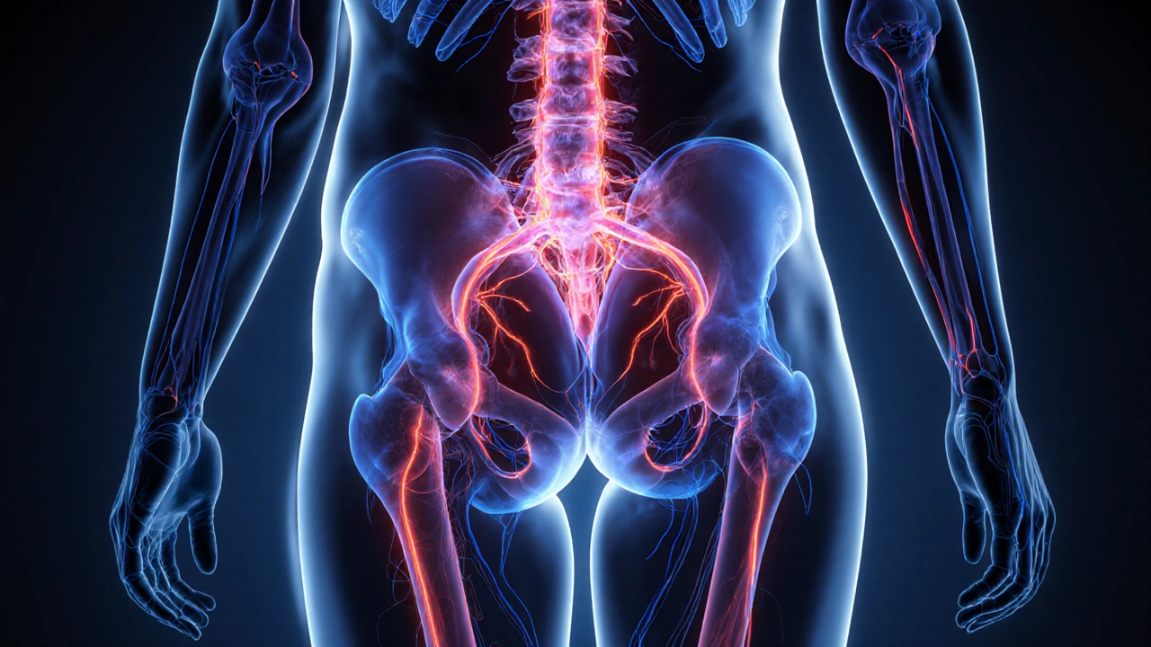 Transparenční ilustrace těla s proudy krve a lymfy zlepšenými masáží, zářivé modré a červené cesty.