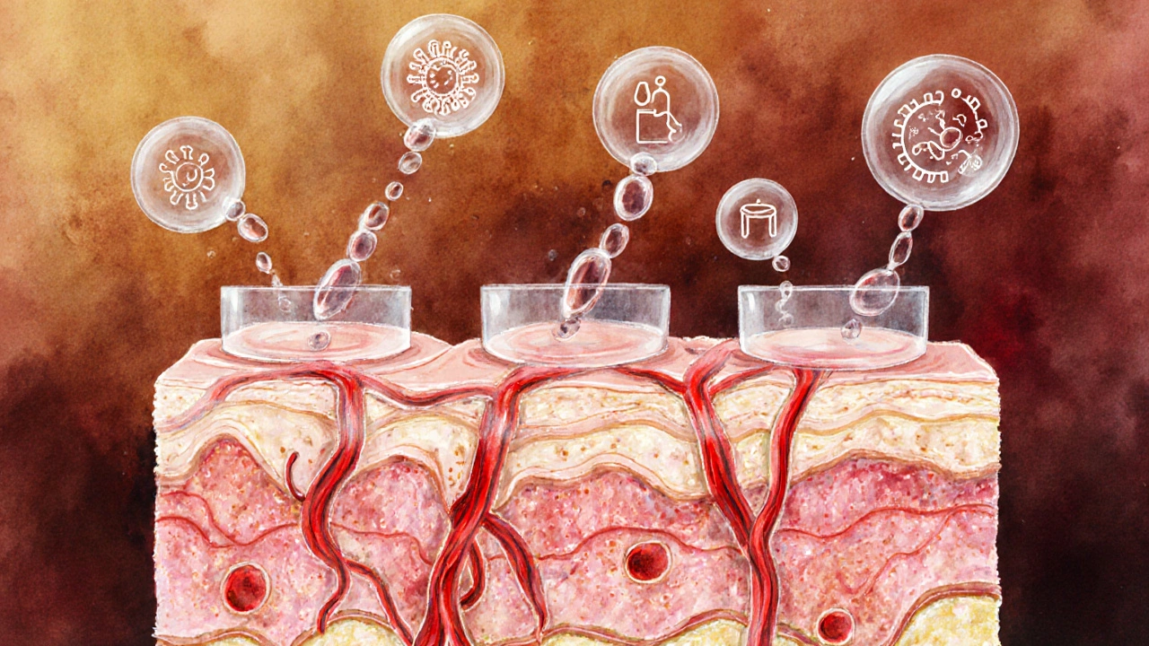 Uvnitř kůže se šíří krev a buňky při baňkování, znázorněno vodovými barvami.