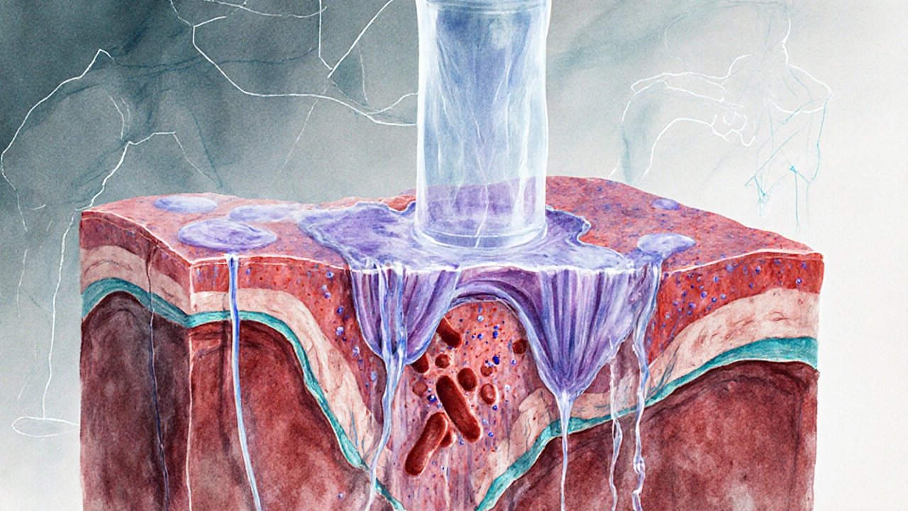 Vnitřní působení vakuoterapie: rozšířené kapiláry a uvolněná fascie v přehledu tkáně.