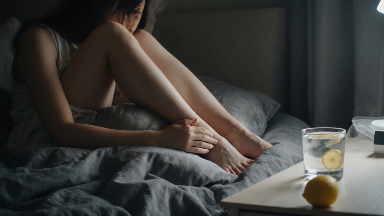 Žena leží s nohama zvednutými, jemně masíruje stehno ve vlastním prostředí.