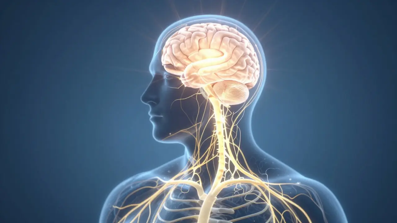 Abstraktní znázornění nervového systému spojujícího napjaté oblasti s klidným mozkem.