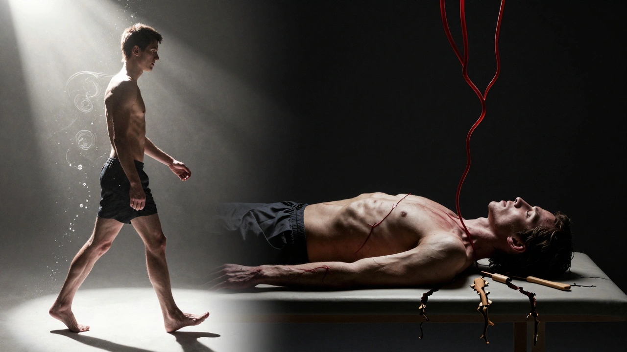 Dvě verze těla: zdravé a poškozené, ukazující rizika maderoterapie.