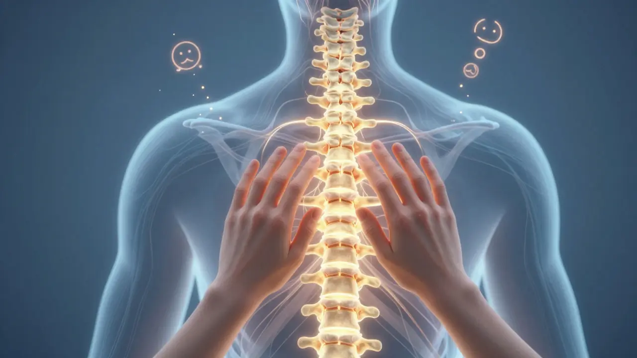 Grafické znázornění nervových cest v krku a horním zádech s uvolňujícím světlem.