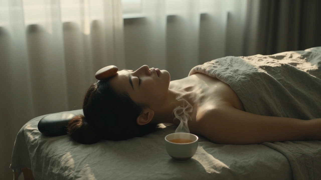 Osoba klidně odpočívá s lávovými kameny na čele a chodidlech, v tiché, osvěžené místnosti.