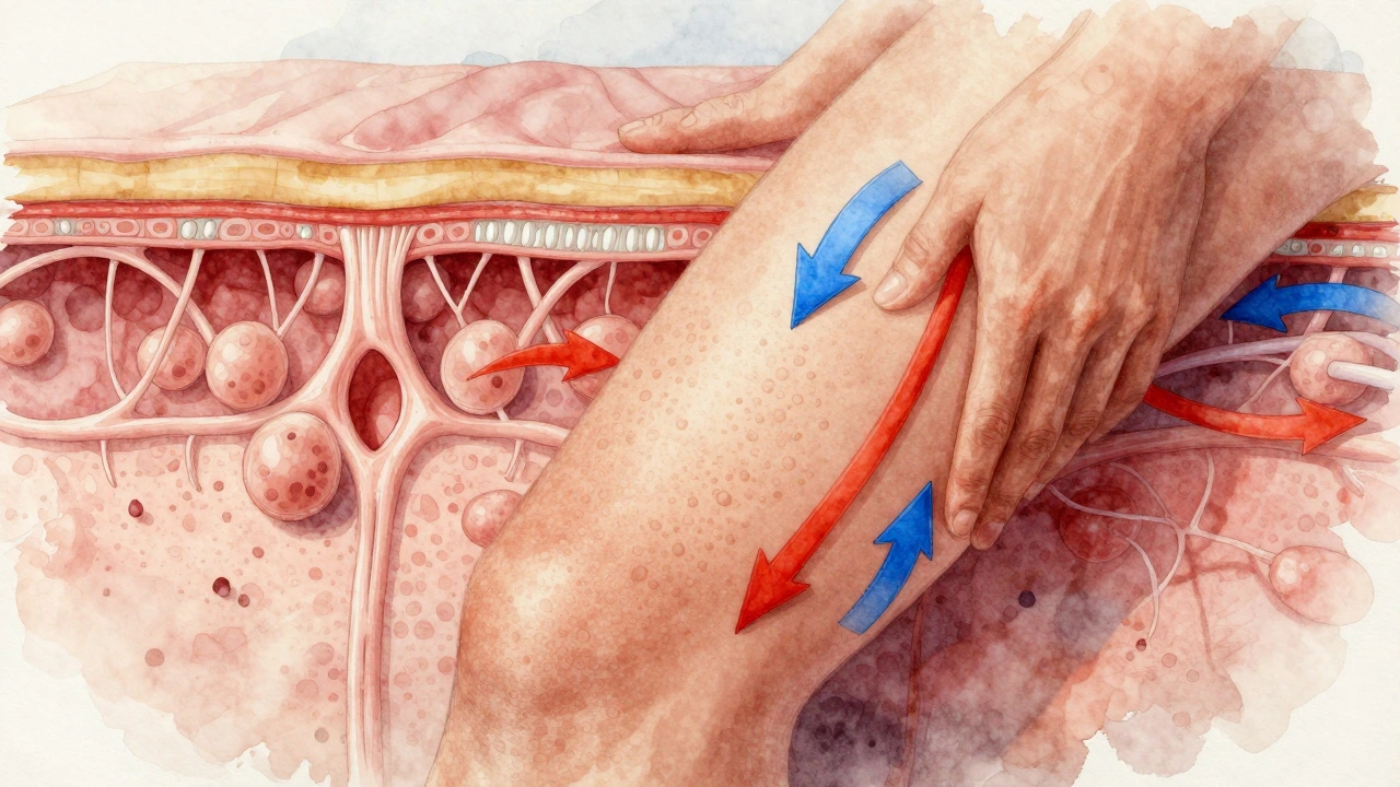 Přehled lidské kůže s ukázkou zlepšeného krevního oběhu a odtoku lymfy po masáži.