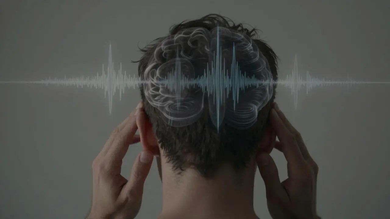 Ruce jemně masírují oblast za ušima, zatímco mentální šum mizí v klidných vlnách.