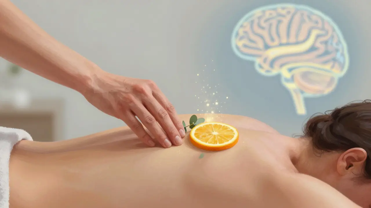 Ruka aplikuje citrusový a eukalyptový olej na záda, symbolizující obnovu koncentrace.