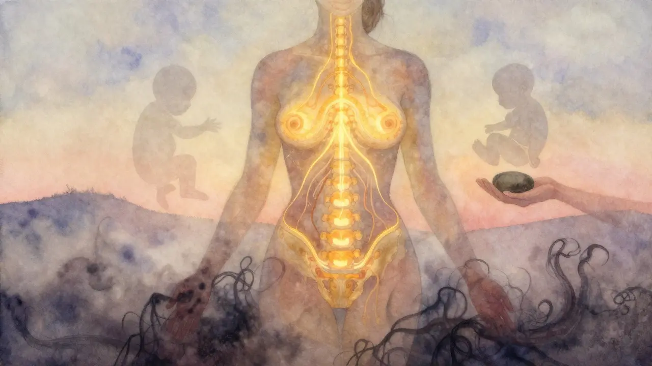 Symbolická vize těla nové matky s jasnými cestami tepla a uvolnění stresu.