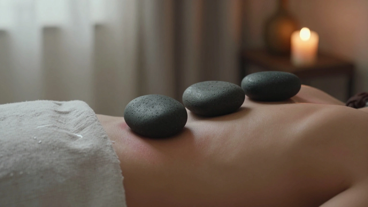 Tři horké lávové kameny leží na páteři pod lněným plátnem, září teplem a zvyšují krevní oběh.