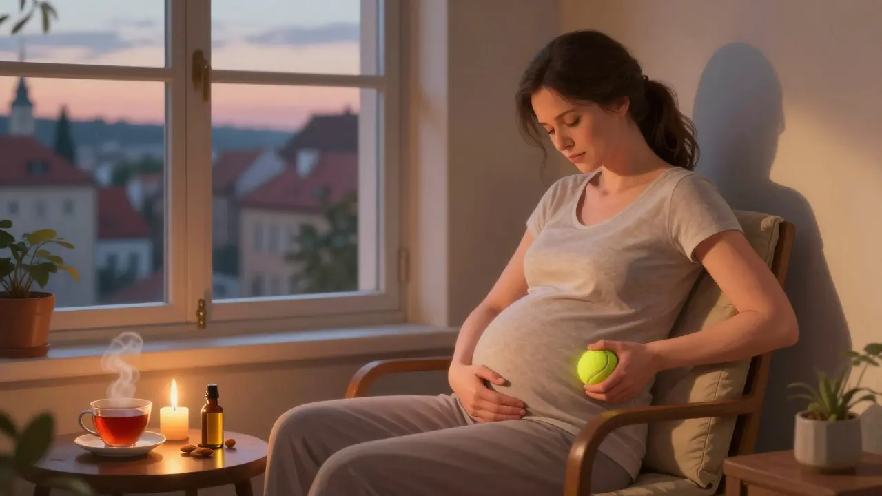 Žena provádí samomasáž zády pomocí míčku u zdi s teplým olejem a svíčkou.