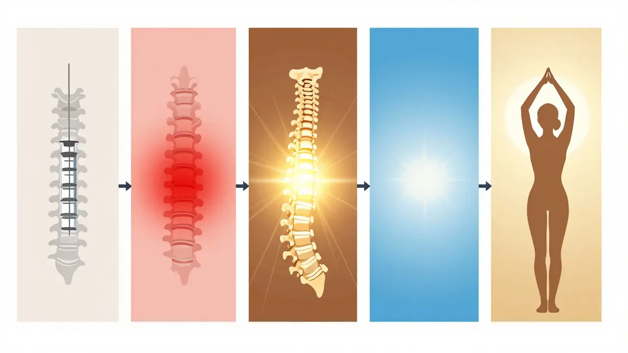 Časová osa ukazující postupné utlumení zánětu a obnovu pohybu v páteři.