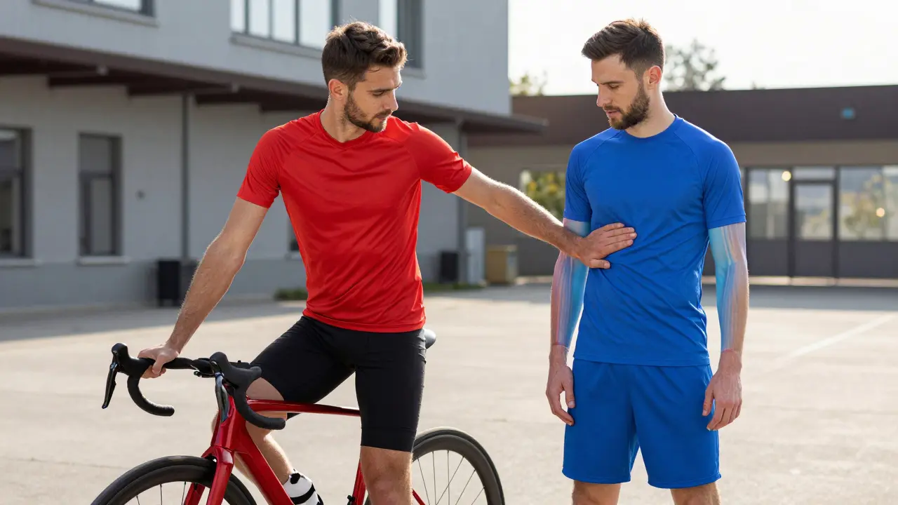 Dva sportovci s masáží jako součástí každodenní přípravy na závod.