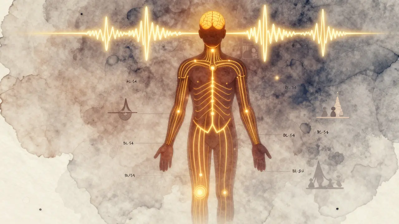 Energetické linie těla svítí zlatou barvou při thajské masáži, symbolizujíce působení na nervový systém.