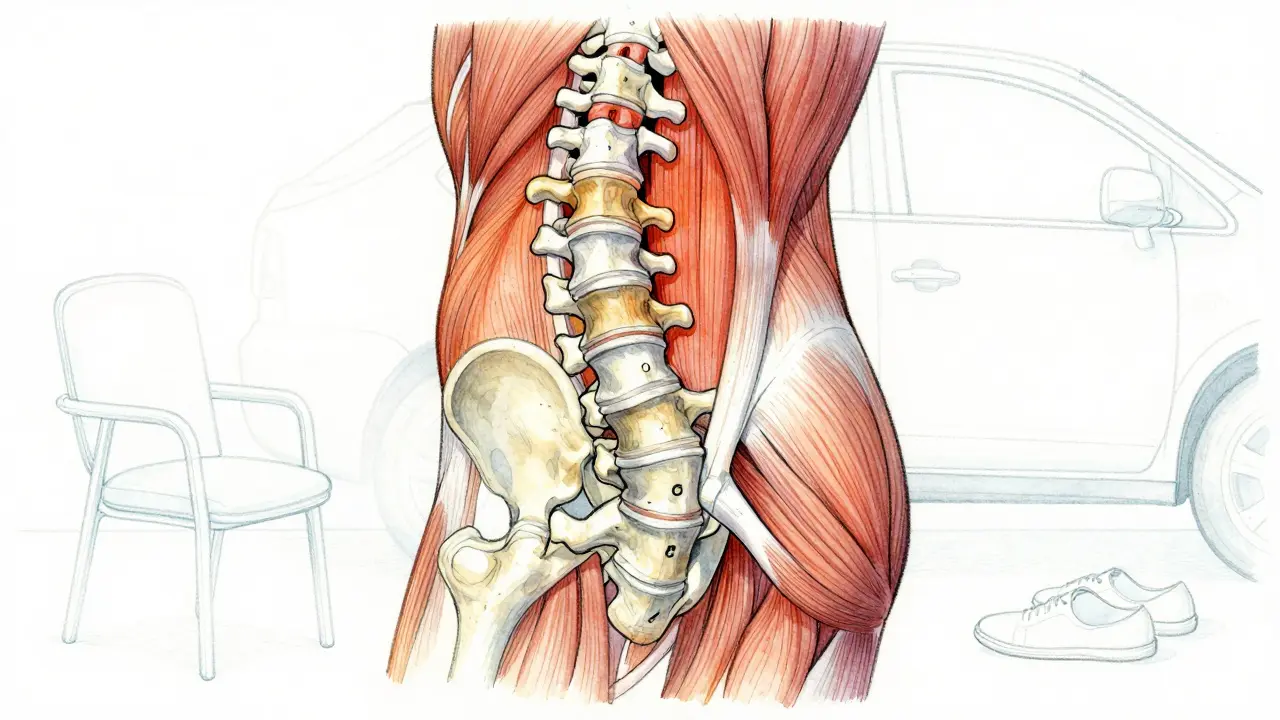 Ilustrace lumbální páteře s výčnívajícím obratlom a napnutými svaly, symbolizující zablokovanou zádu.