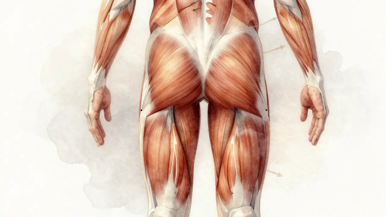 Ilustrace svalového napětí a uvolnění pomocí masáže v těle sportovce.