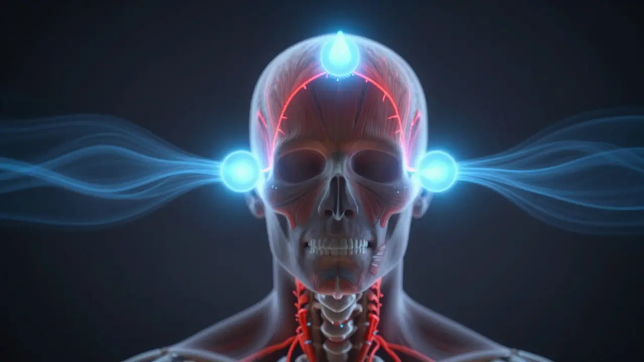 Koncepční znázornění migrénového trojúhelníku s uvolňující energií.