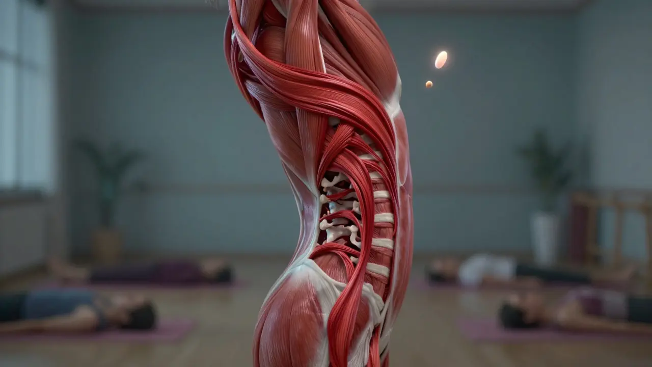 Kulovitá molekula steroidu uvolňuje napjaté svaly kolem páteře v symbolické podobě.