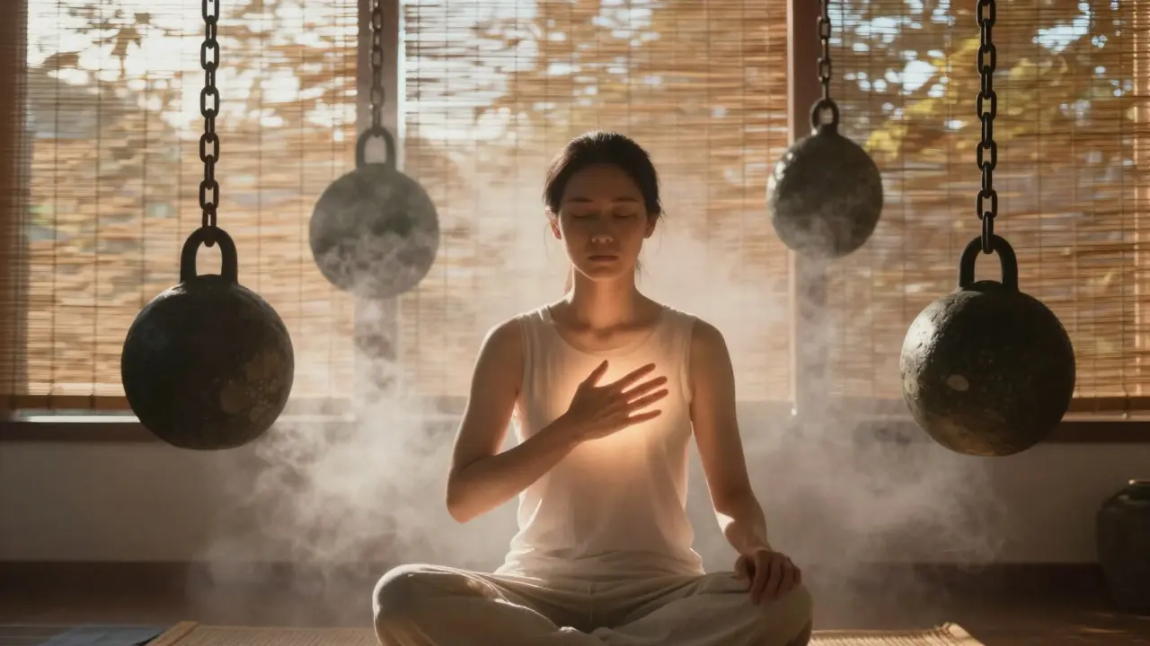 Osoba po masáži sedí s očima zavřenými, jemné světlo vyzařuje z jejího těla, zatímco těžké stíny mizí v mlze.