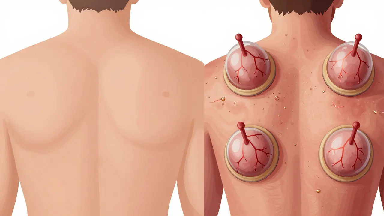 Porovnání zdravé a přetížené kůže po baňkování: jedna strana klidná, druhá zčervenalá a poškozená.