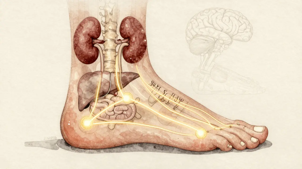Umělecká ilustrace chodidla s propojenými reflexními zónami a vnitřními orgány.