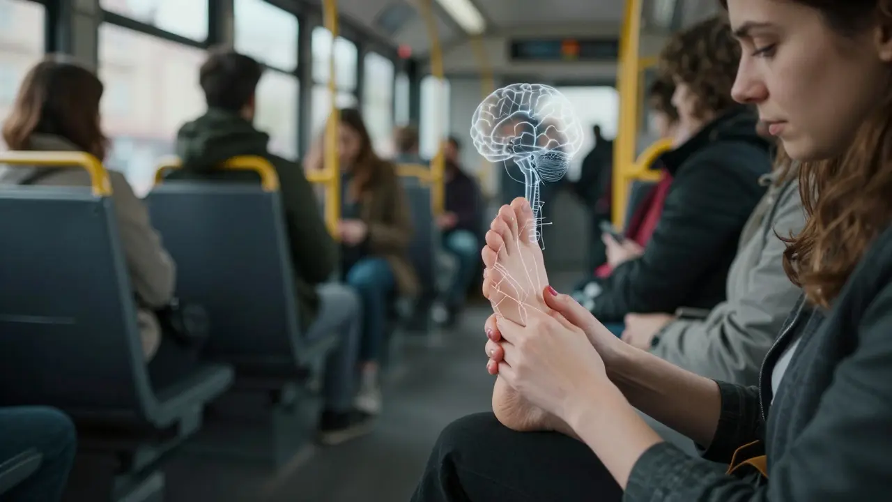 Žena masíruje chodidla v tramvaji v Praze, zatímco kolem ní probíhá běžný den.