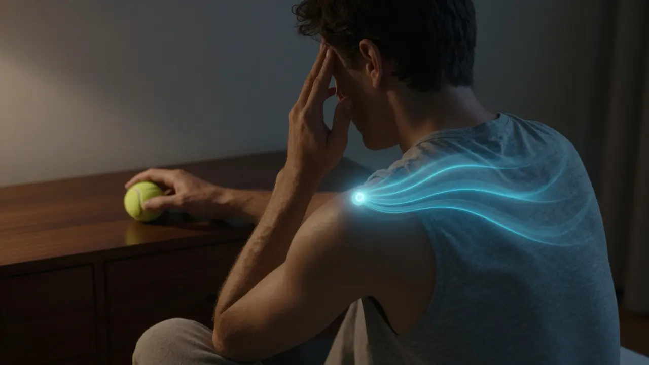 Osoba používá tenisový míček na rameno a masíruje čelo během domácí terapie migreny.