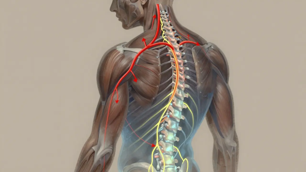 Průřez tělem ukazující zlepšení krevního oběhu a odtoku lymfy během masáže.