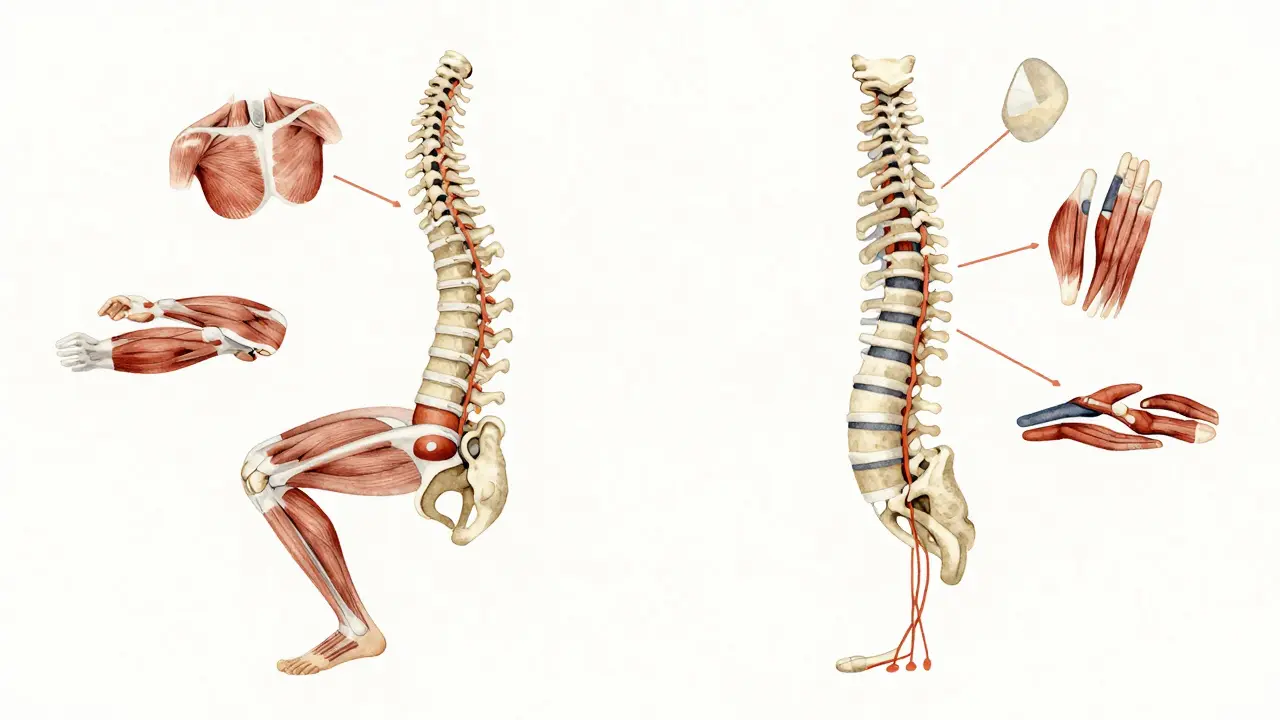 Srovnání před a po korekci páteře s reprezentací uvolnění svalů a zlepšeného krevního oběhu.