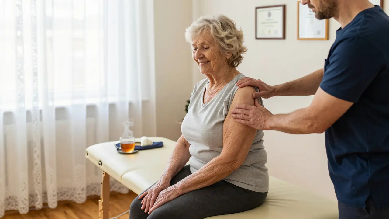 Starší žena během jemné zdravotní masáže v klidné klinice.