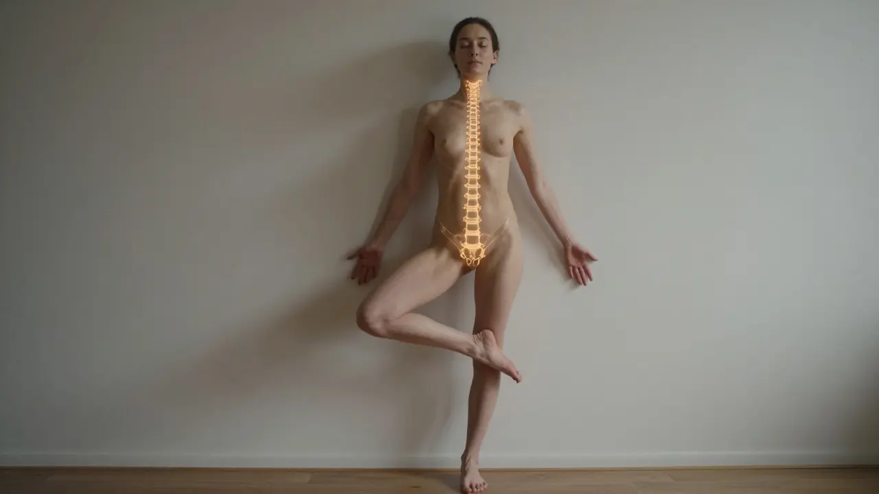 Člověk stojí na jedné noze a opírá se o zeď, s jemným zlatým kontourem správné postavy těla.