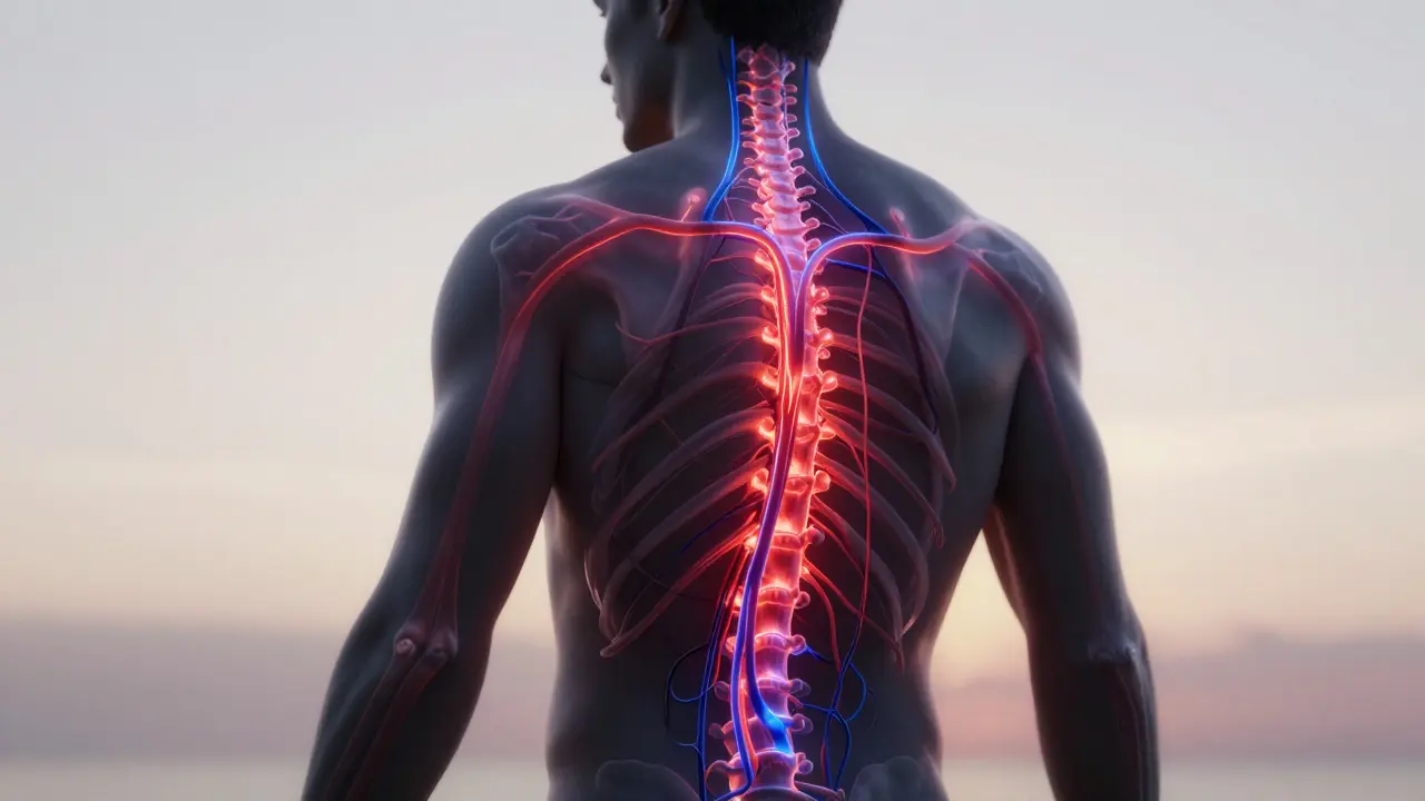 Lidská silueta s osvětlenými cestami krve a nervů na zádech, kde ztuhlé vazby postupně otevírají a obnovují pohyblivost.