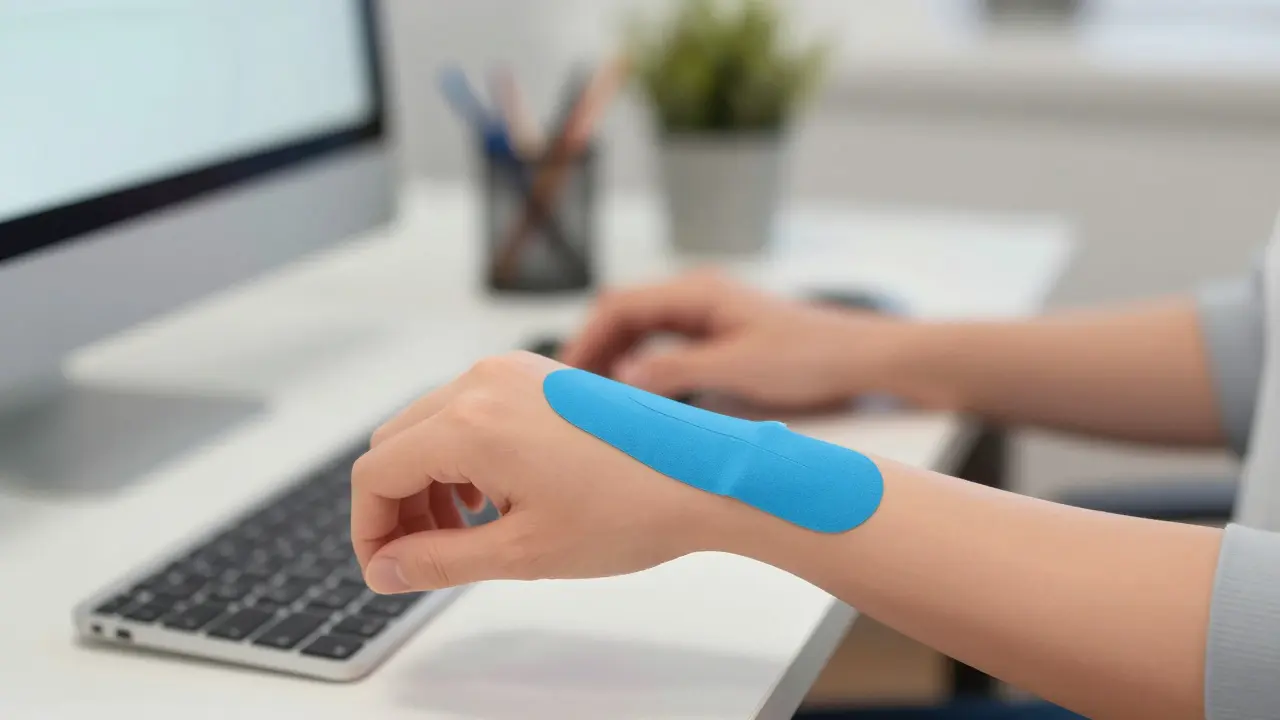 Osoba s kinesiologickým tejpem na zápěstí pracuje na počítači.