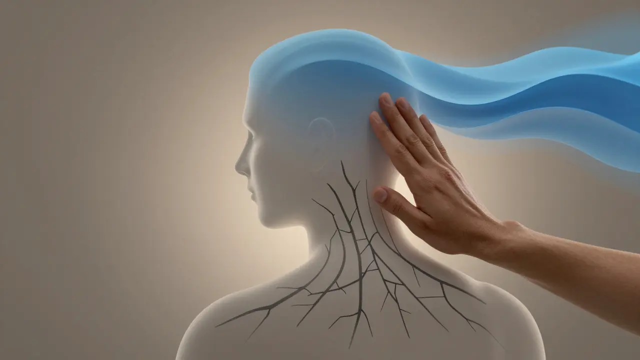 Silueta člověka s napětím z krku směřujícím do hlavy, které se mění v klidné vlny při masáži.