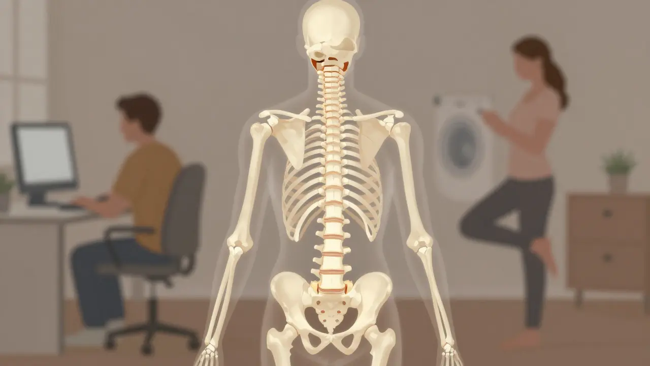 Srovnání zkřivené a správně zarovnané páteře s náznaky každodenních činností, které způsobují asymetrii.