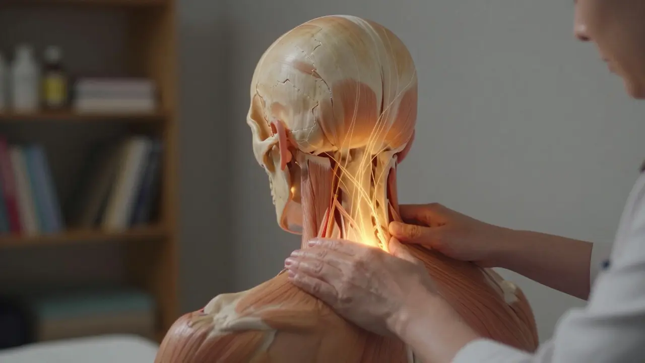 Terapeut jemně masíruje základ krku klienta, světlo zdůrazňuje uvolnění svalů a tok energie k hlavě.
