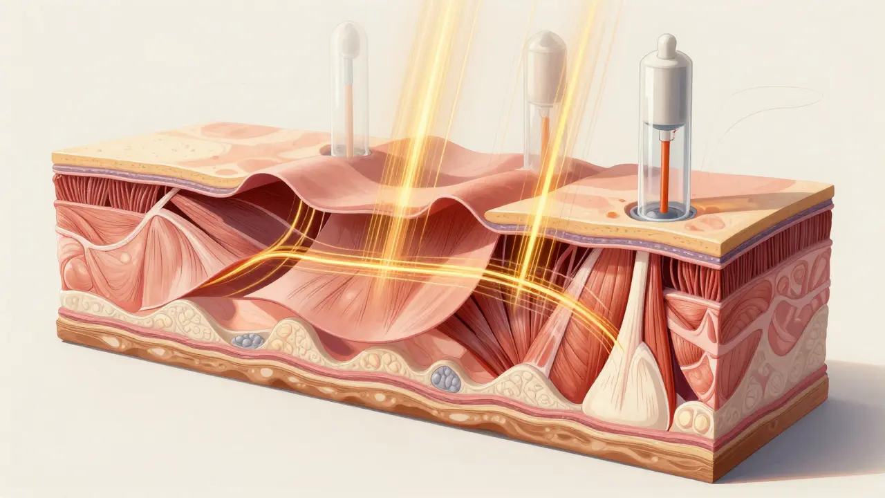 Tři vrstvy lidské tkáně — kůže, fascie a svaly — jsou znázorněny jako plátna, která se pomalu uvolňují pod vlivem podtlaku, s jemnými světelnými proudy.